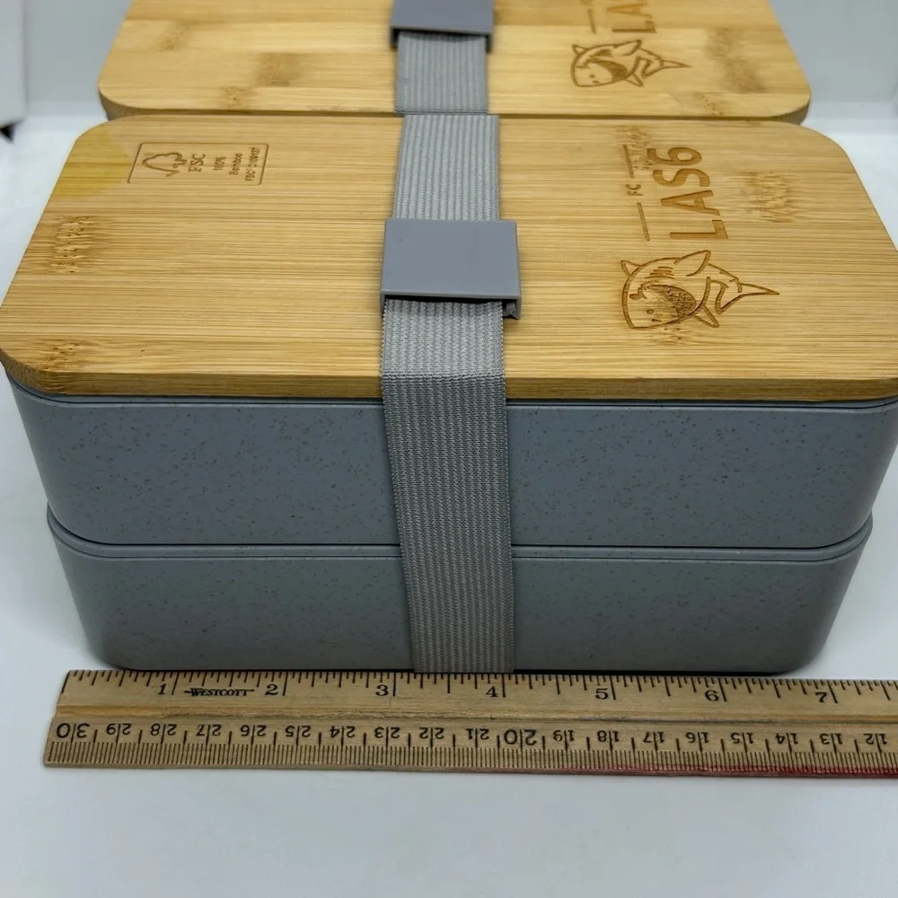 Bamboo and Gray Bento Japanese Wood Bento Lunch Boxes 2 Layer. Set of two